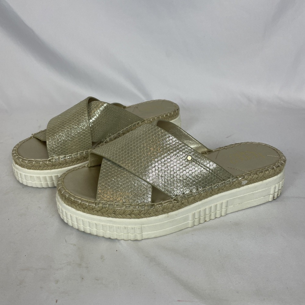 Franco Sarto Sandals Womens 8.5 M Birch Slides Gold Leather Slip On Casual Open